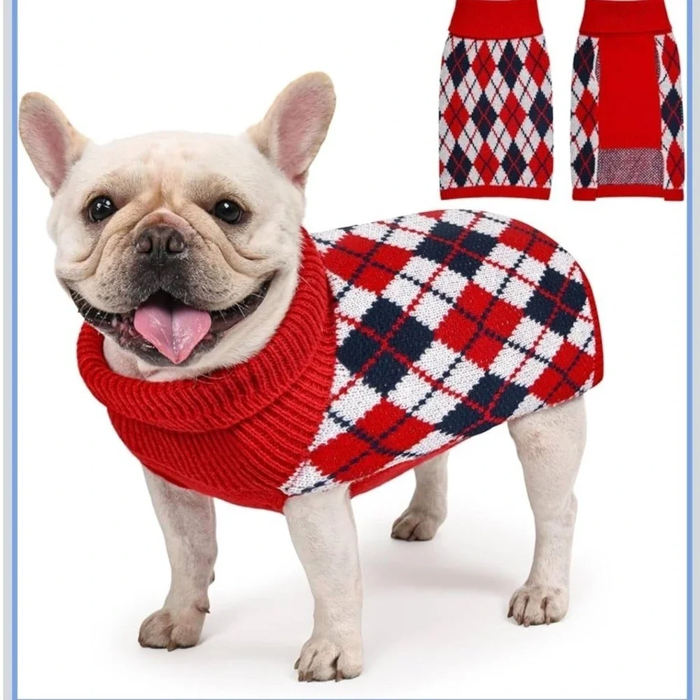Argyle Dog Sweater For Medium Size Dogs Red White Navy Turtleneck Knit Pullover‎